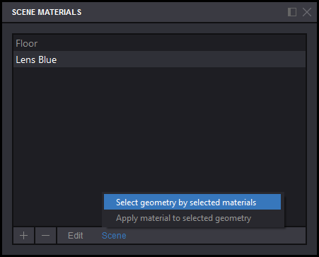 Koru scene materials list context menu