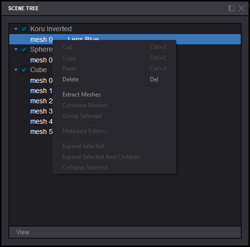 Koru scene tree popup menu