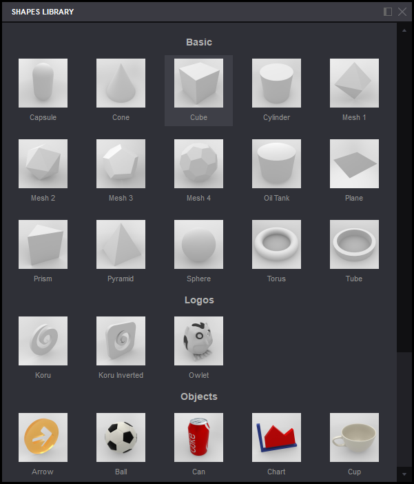 Koru shapes library panel