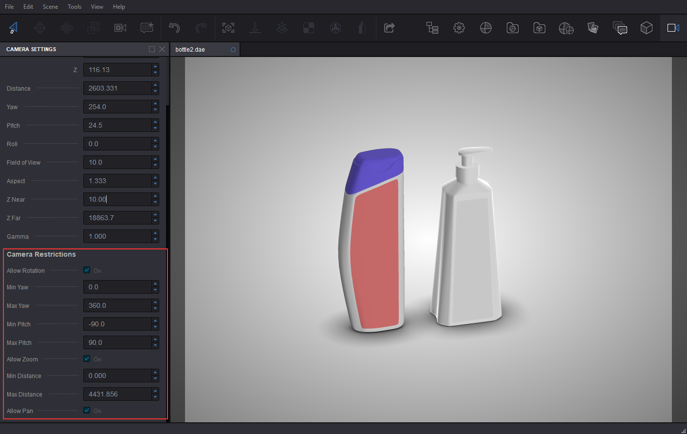Camera Restriction section in Camera panel in Koru
