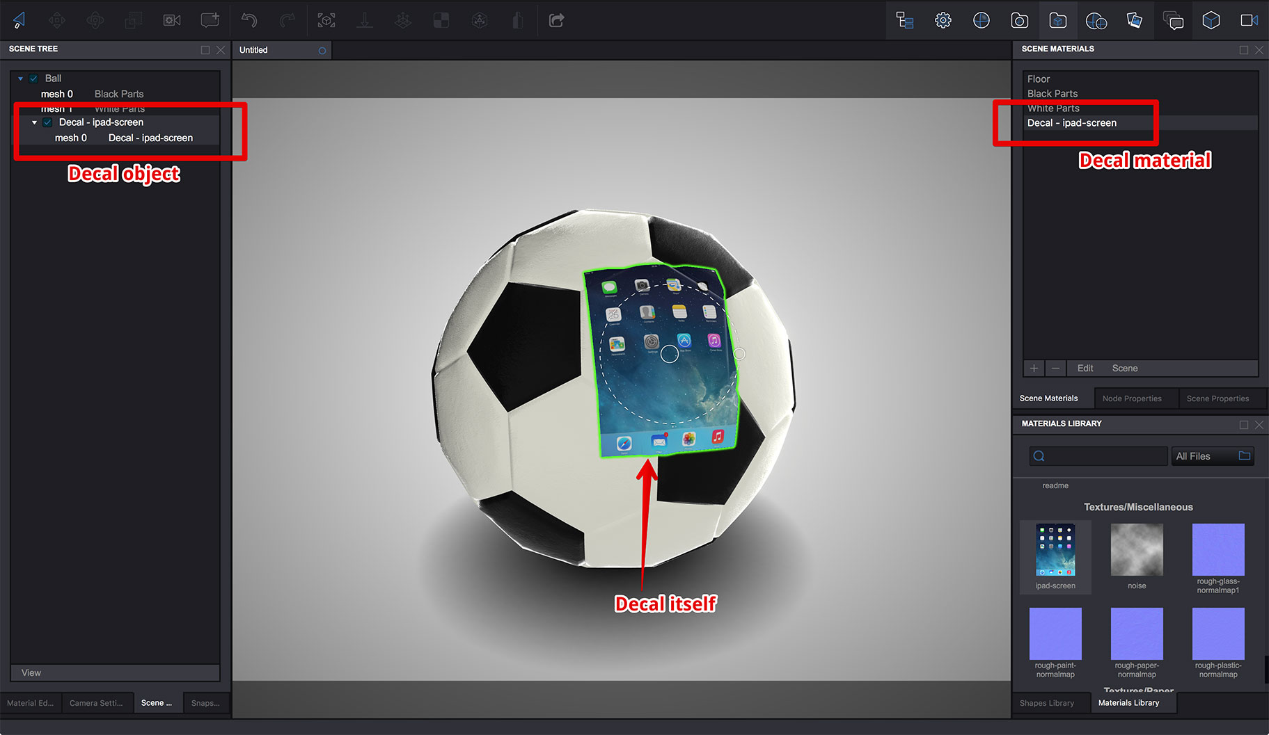Decal node and material in Koru WebGL exporter