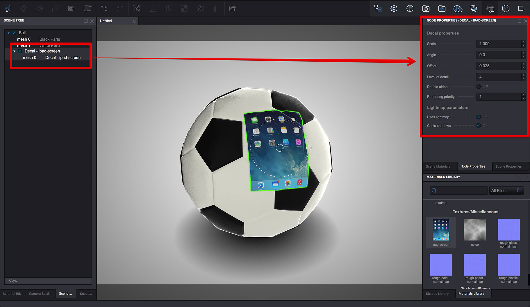 Decal properties in node properties panel in Koru WebGL exporter
