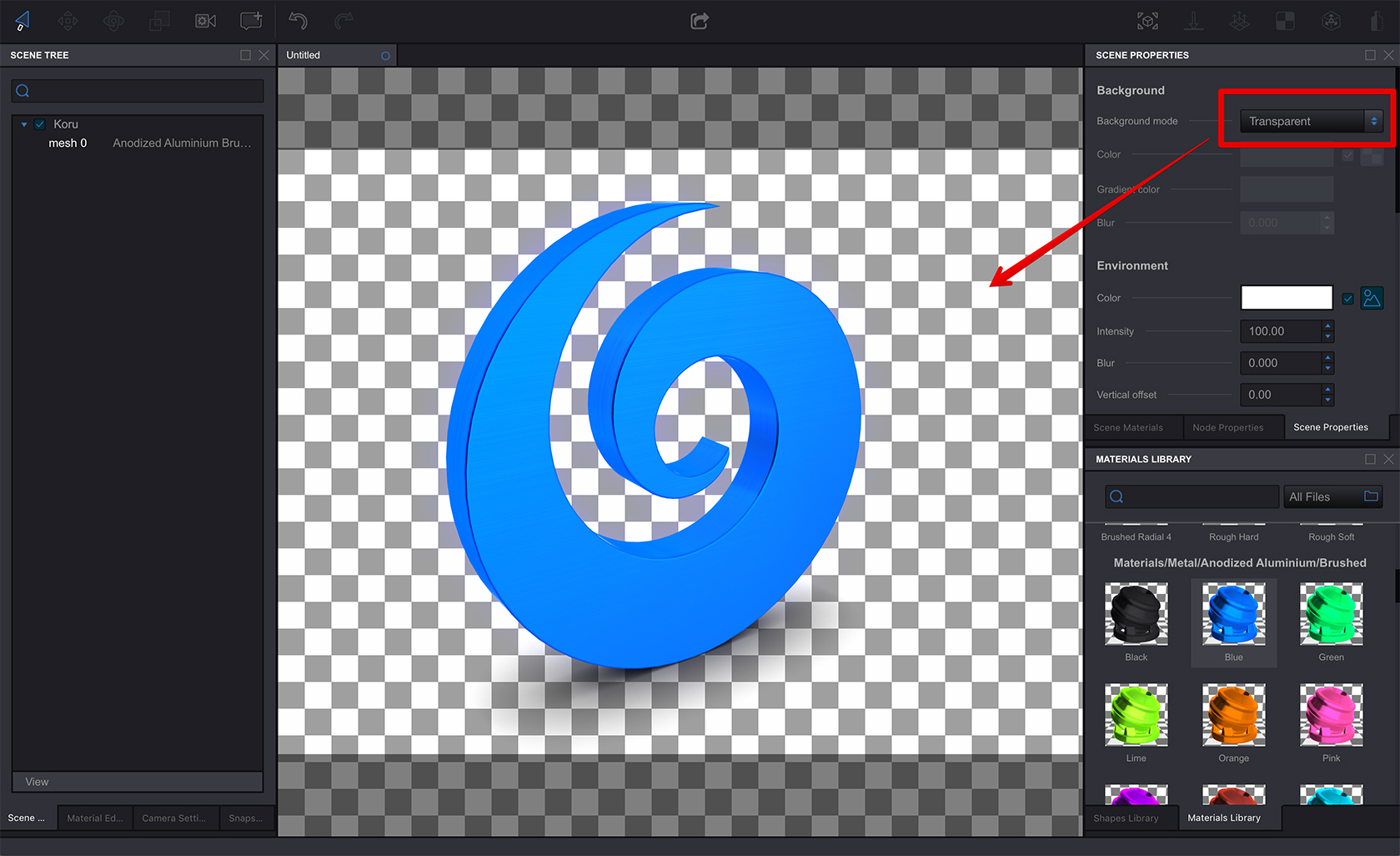 Scene with transparent background in Koru WebGL software.