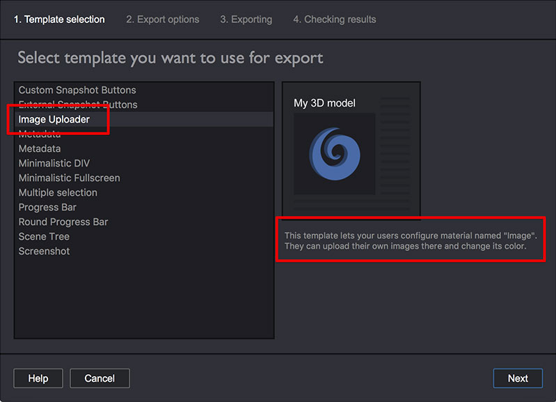 Image uploader template in Koru export window