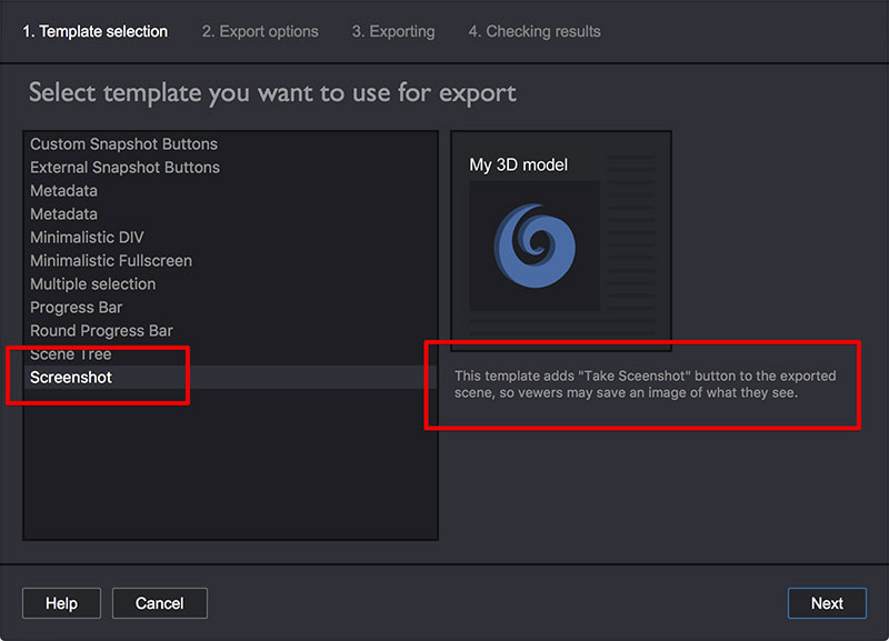 Screenshots template in Koru export window