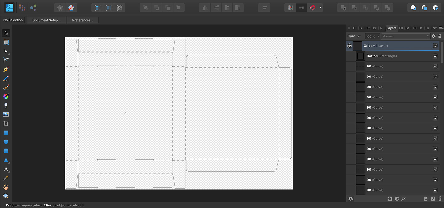 The dieline is loaded to Affinity Designer