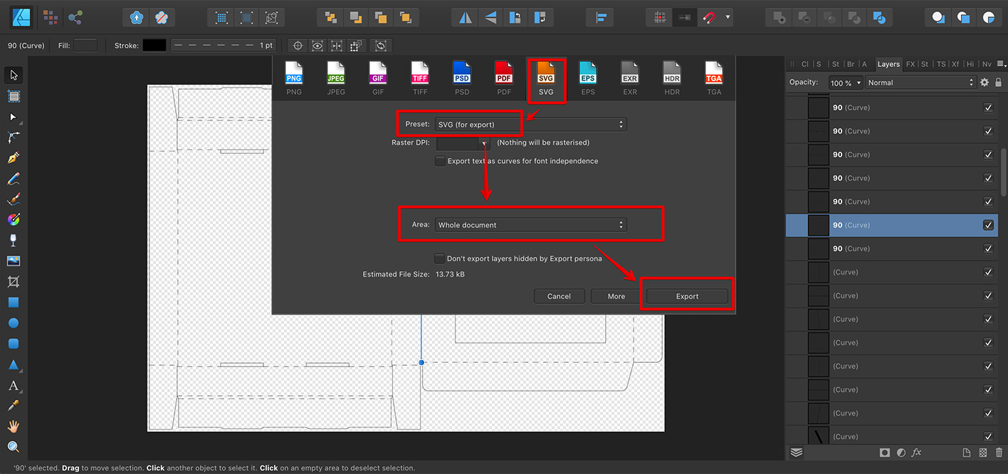 Exporting the updated dieline to SVG in Affinity Designer