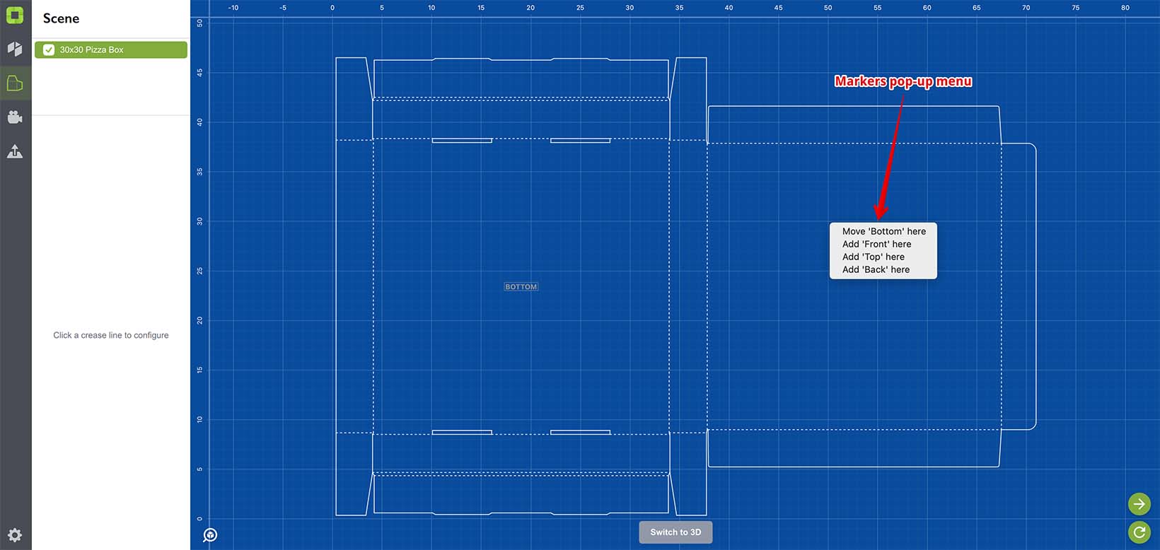 Anchor popup menu in dieline viewer