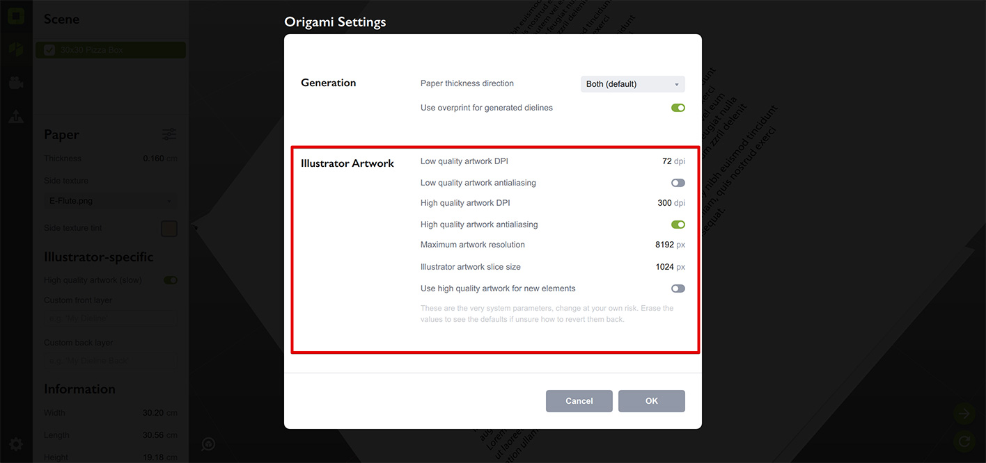 Artwork quality parameters in Origami settings window