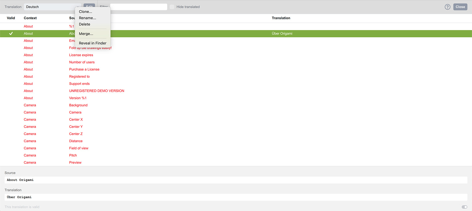 Managing translations with context menu