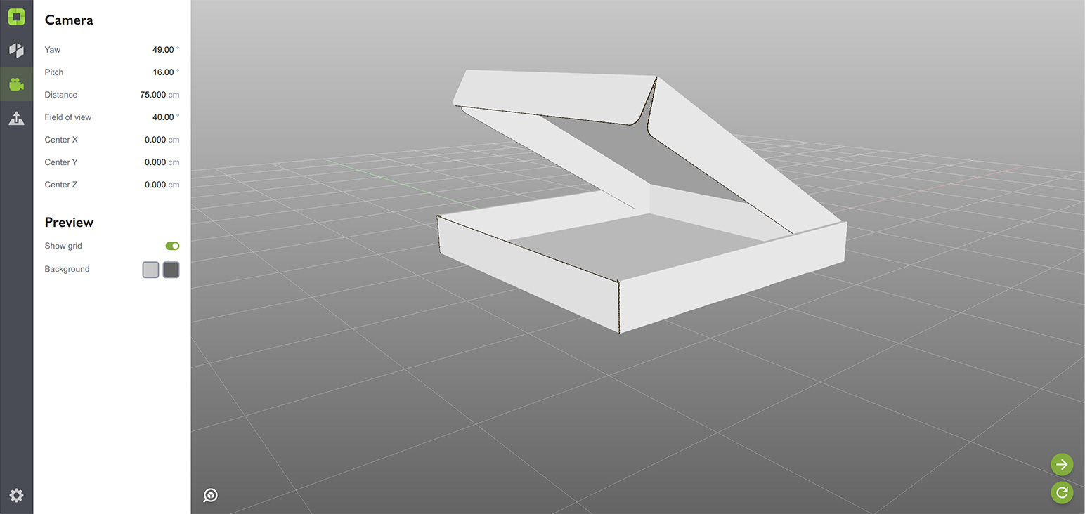 Camera panel in Origami lets you configure camera position and angles