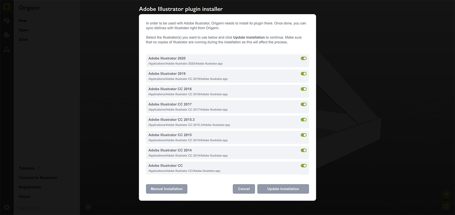 The list of Adobe Illustrators that Origami found in your system