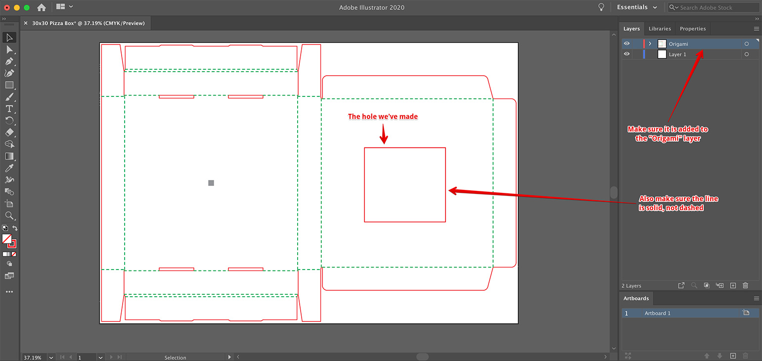 Adding the hole to the pizza box lid in Illustrator