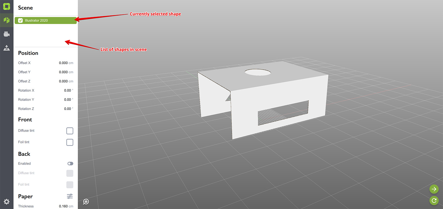 The list of shapes in scene in Origami