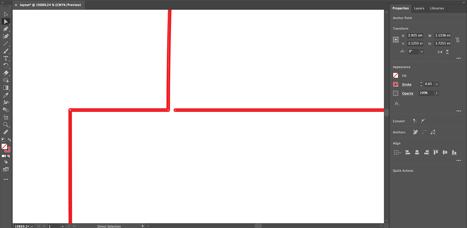 Zoomed in dieline with misaligned elements in Adobe Illustrator