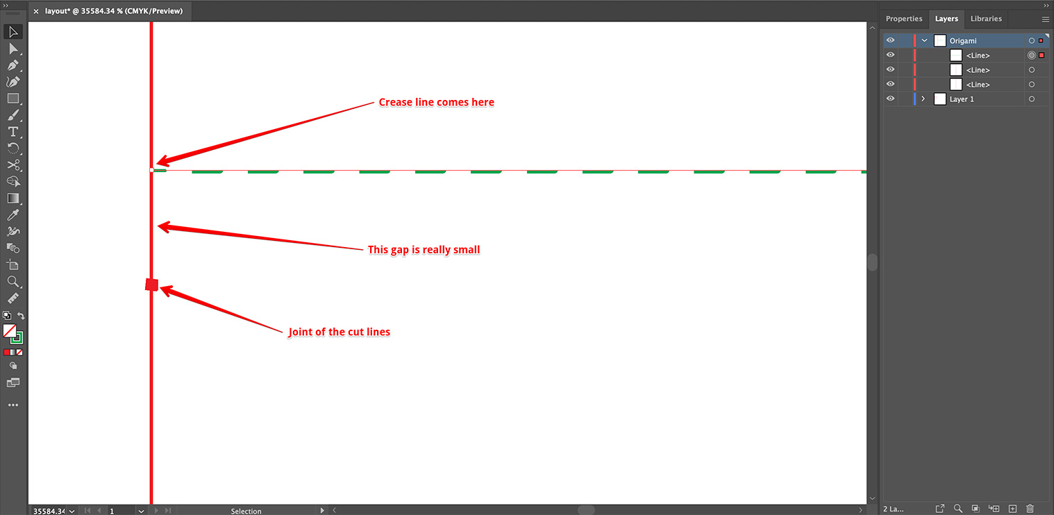 Crease line comes very close to the joint vertex of two cut lines